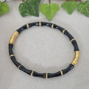 Gold Filled Black Enamel Bamboo Design Hinge Bracelet